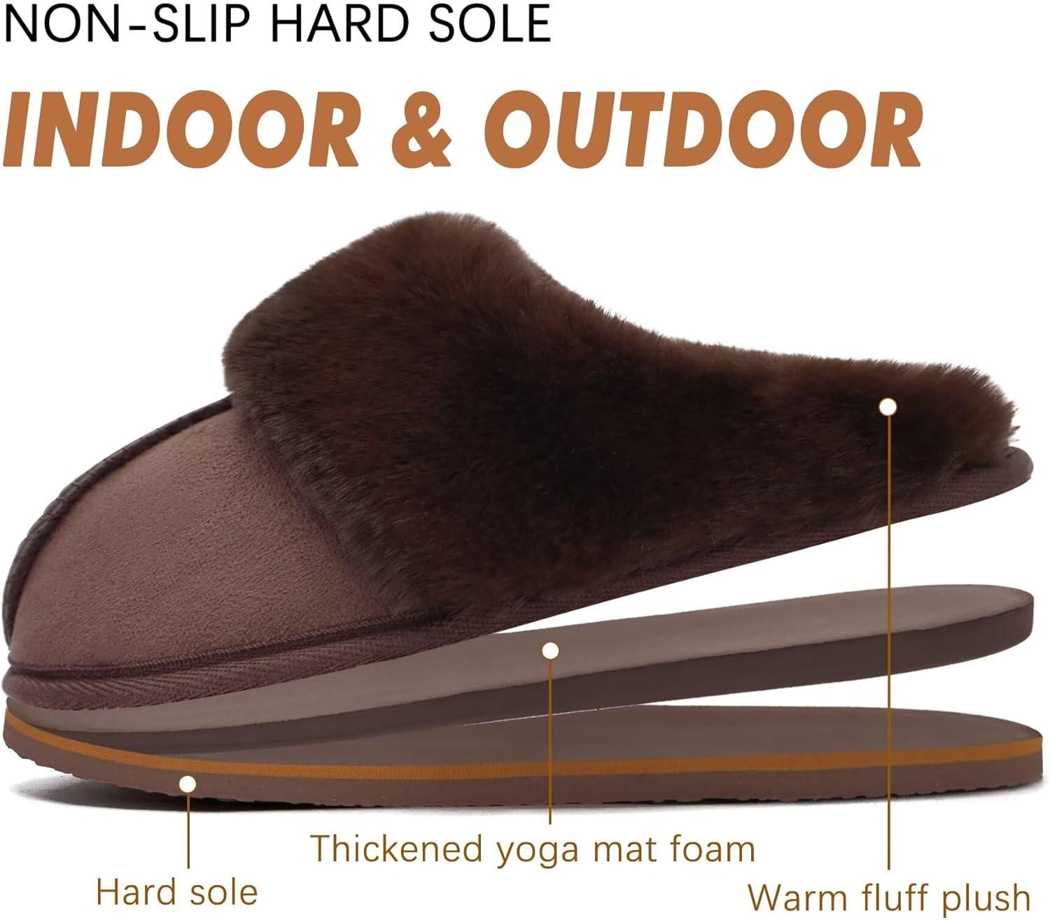 imageKuaiLu Womens Fluff Dual Memory Foam Slippers Ladies Cozy Arch Support Warm Scuff Slippers Slip on Comfy Winter House Shoes with NonSlip Indoor Outdoor Hard SoleDark Brown