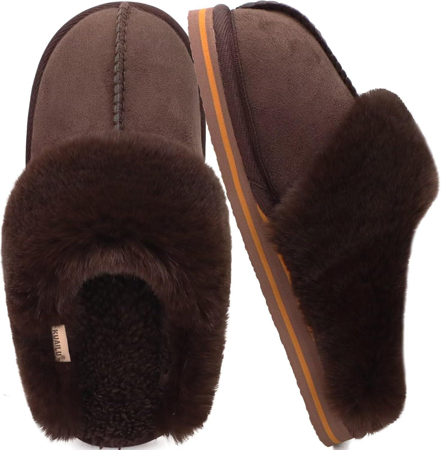 imageKuaiLu Womens Fluff Dual Memory Foam Slippers Ladies Cozy Arch Support Warm Scuff Slippers Slip on Comfy Winter House Shoes with NonSlip Indoor Outdoor Hard SoleDark Brown