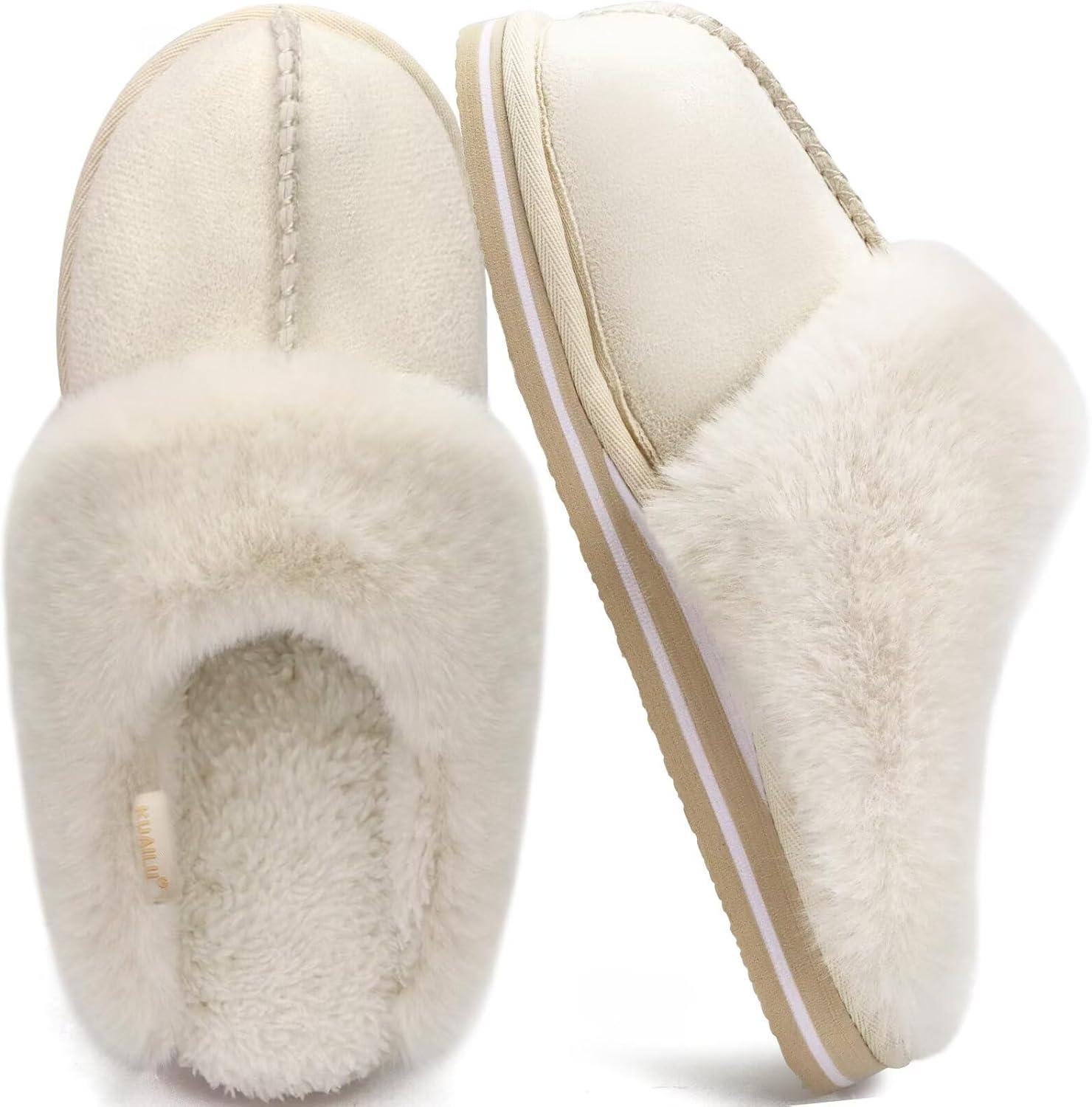 imageKuaiLu Womens Fluff Dual Memory Foam Slippers Ladies Cozy Arch Support Warm Scuff Slippers Slip on Comfy Winter House Shoes with NonSlip Indoor Outdoor Hard SoleCream
