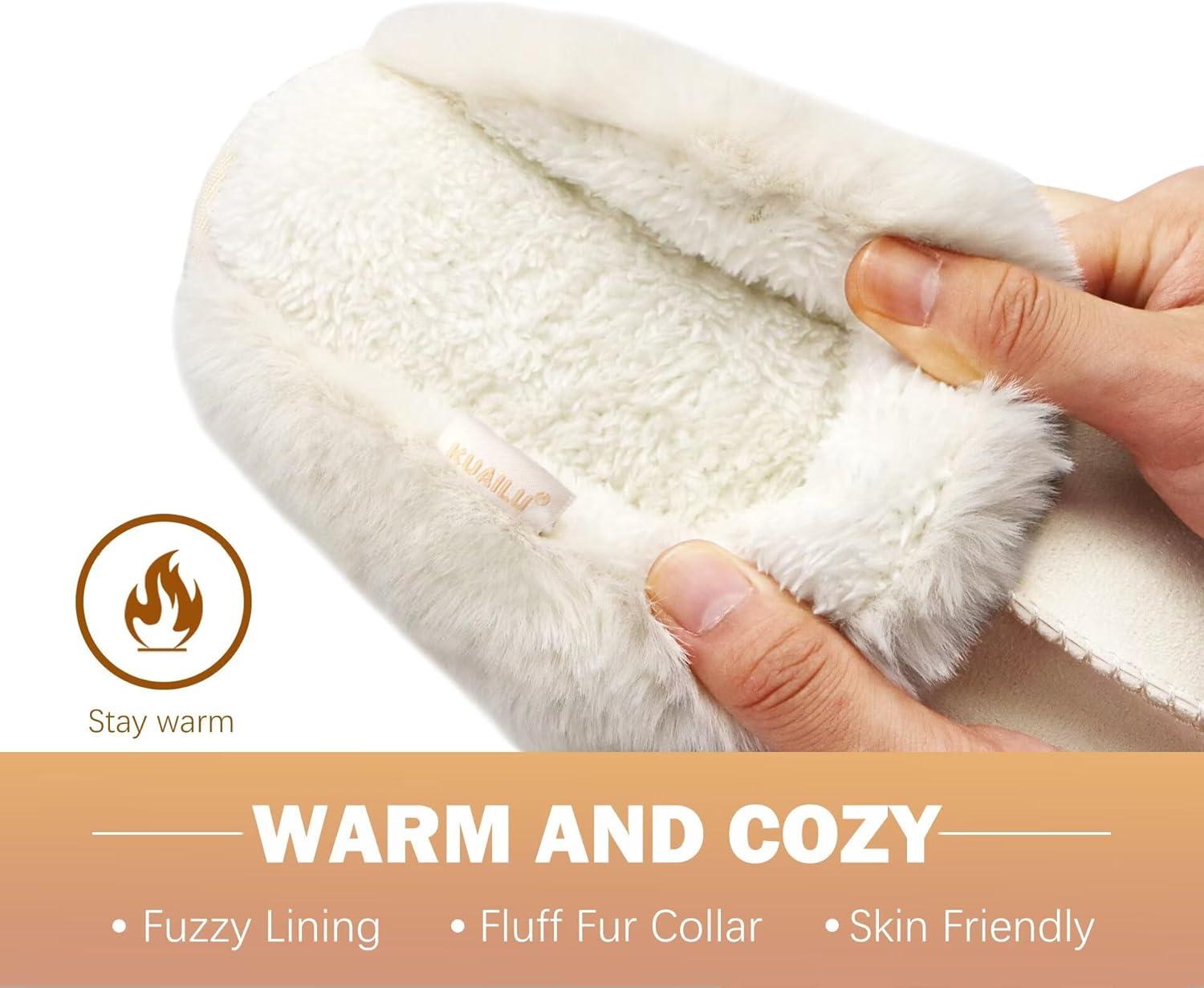 imageKuaiLu Womens Fluff Dual Memory Foam Slippers Ladies Cozy Arch Support Warm Scuff Slippers Slip on Comfy Winter House Shoes with NonSlip Indoor Outdoor Hard SoleCream