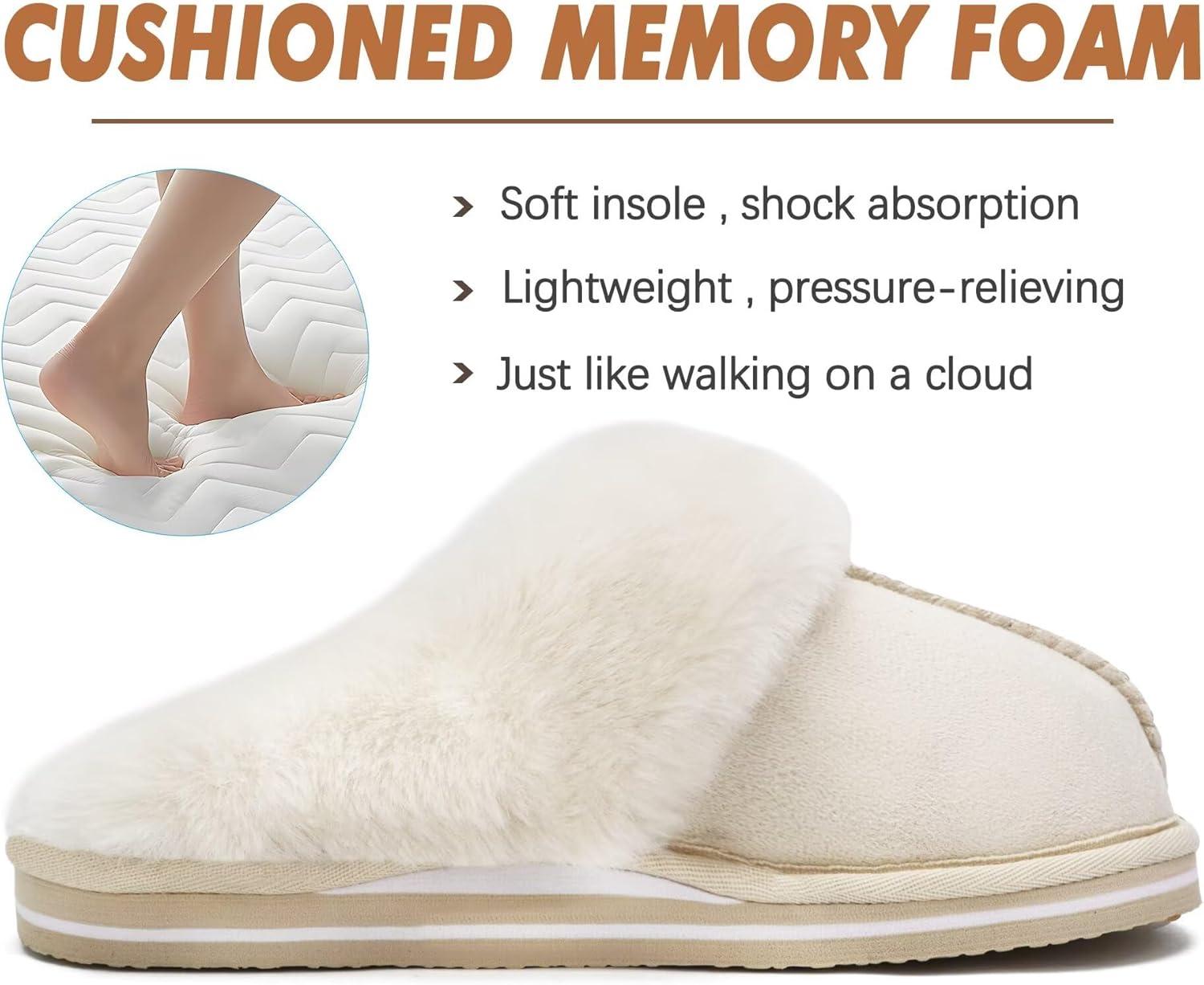 imageKuaiLu Womens Fluff Dual Memory Foam Slippers Ladies Cozy Arch Support Warm Scuff Slippers Slip on Comfy Winter House Shoes with NonSlip Indoor Outdoor Hard SoleCream