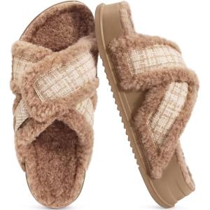 imageKuaiLu Womens Chic Furry Platform Slippers Fuzzy Teddy Fleece Cross Band Open Toe Sandals with Comfortable Arch Support Slip on House Shoes Indoor OutdoorLight Brown