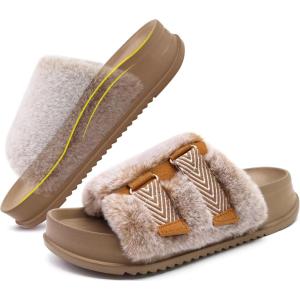 imageKuaiLu Womens Orthotic Slippers Comfortable Arch Support Faux Fur Sandal Slippers Casual Adjustable Slip On Indoor Outdoor Size 612  Ultrasoft Comfort Fit FootbedCamel Brown Tip Dyeing