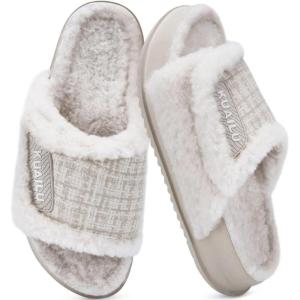 imageKuaiLu Cushion Slippers For Women with Orthotic Arch Support Wide Adjustable Open Toe Furry Fur Sandals Warm Teddy Fleece Recovery Slides Slip On House Shoes Indoor Outdoor OutfitsWhite