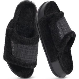 imageKuaiLu Cushion Slippers For Women with Orthotic Arch Support Wide Adjustable Open Toe Furry Fur Sandals Warm Teddy Fleece Recovery Slides Slip On House Shoes Indoor Outdoor OutfitsBlack