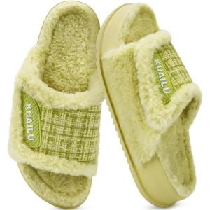 imageKuaiLu Cushion Slippers For Women with Orthotic Arch Support Wide Adjustable Open Toe Furry Fur Sandals Warm Teddy Fleece Recovery Slides Slip On House Shoes Indoor Outdoor OutfitsBright Green
