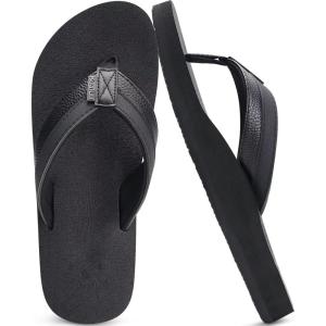 imageKuaiLu Mens Yoga Mat Leather Flip Flops with Arch Support Comfortable Cushion Walking Thong Sandals Slip On Indoor OutdoorAll Black