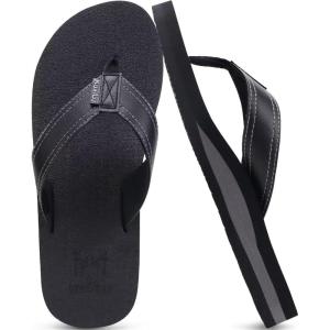 imageKuaiLu Mens Yoga Mat Leather Flip Flops with Arch Support Comfortable Cushion Walking Thong Sandals Slip On Indoor OutdoorBlack