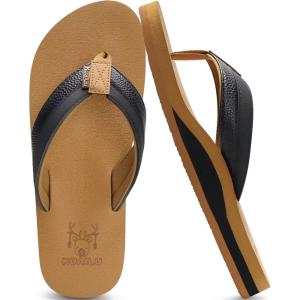 imageKuaiLu Mens Yoga Mat Leather Flip Flops with Arch Support Comfortable Cushion Walking Thong Sandals Slip On Indoor OutdoorBlack Khaki