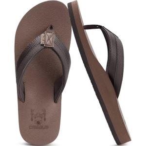 imageKuaiLu Mens Yoga Mat Leather Flip Flops with Arch Support Comfortable Cushion Walking Thong Sandals Slip On Indoor OutdoorBrown Reddish