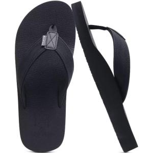 imageKuaiLu Mens Yoga Mat Leather Flip Flops with Arch Support Comfortable Cushion Walking Thong Sandals Slip On Indoor OutdoorCoal Black