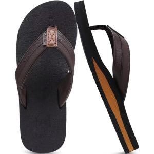 imageKuaiLu Mens Yoga Mat Leather Flip Flops with Arch Support Comfortable Cushion Walking Thong Sandals Slip On Indoor OutdoorDark Brown