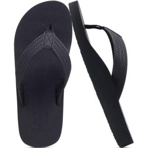 imageKuaiLu Mens Yoga Mat Leather Flip Flops with Arch Support Comfortable Cushion Walking Thong Sandals Slip On Indoor OutdoorDull Black
