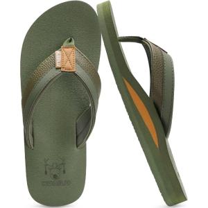 imageKuaiLu Mens Yoga Mat Leather Flip Flops with Arch Support Comfortable Cushion Walking Thong Sandals Slip On Indoor OutdoorGreen