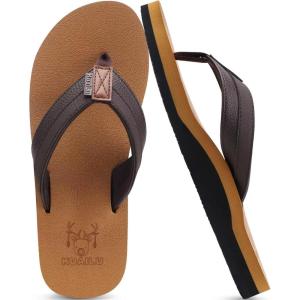 imageKuaiLu Mens Yoga Mat Leather Flip Flops with Arch Support Comfortable Cushion Walking Thong Sandals Slip On Indoor OutdoorKhaki