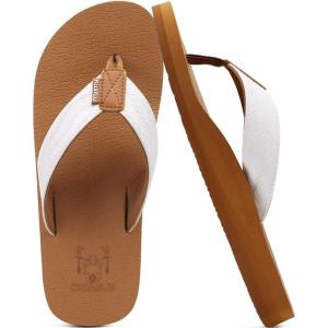 imageKuaiLu Mens Yoga Mat Leather Flip Flops with Arch Support Comfortable Cushion Walking Thong Sandals Slip On Indoor OutdoorKhaki White