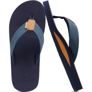 imageKuaiLu Mens Yoga Mat Leather Flip Flops with Arch Support Comfortable Cushion Walking Thong Sandals Slip On Indoor OutdoorNavy Blue