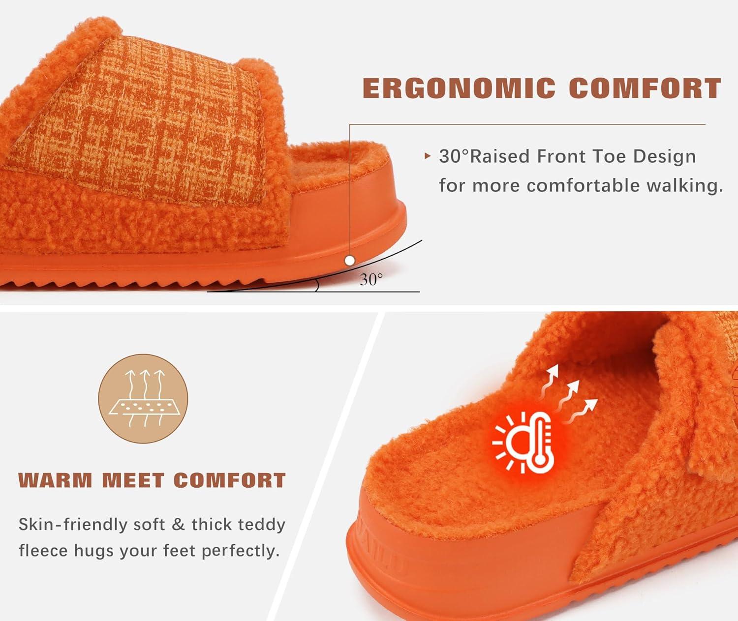 imageKuaiLu Cushion Slippers For Women with Orthotic Arch Support Wide Adjustable Open Toe Furry Fur Sandals Warm Teddy Fleece Recovery Slides Slip On House Shoes Indoor Outdoor OutfitsOrange