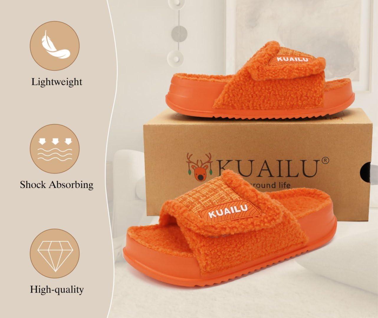 imageKuaiLu Cushion Slippers For Women with Orthotic Arch Support Wide Adjustable Open Toe Furry Fur Sandals Warm Teddy Fleece Recovery Slides Slip On House Shoes Indoor Outdoor OutfitsOrange