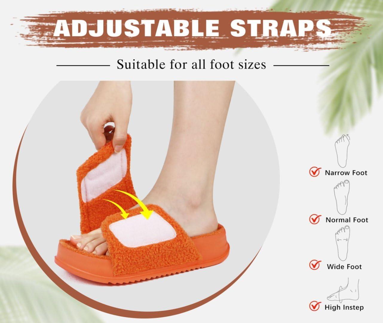 imageKuaiLu Cushion Slippers For Women with Orthotic Arch Support Wide Adjustable Open Toe Furry Fur Sandals Warm Teddy Fleece Recovery Slides Slip On House Shoes Indoor Outdoor OutfitsOrange