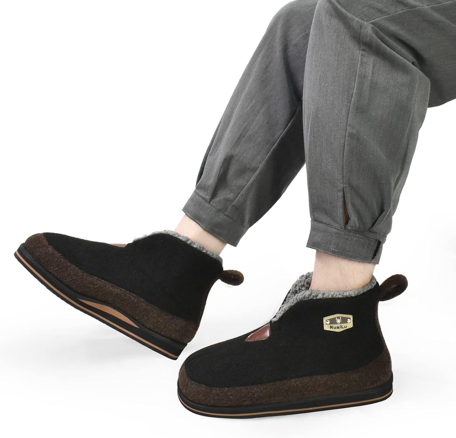 imageKuaiLu Mens House Slippers Booties Cozy Memory Foam Orthopedic Arch Support Boots Warm Fleece Plush Lining Winter Felt Wool Home Bedroom Slipper Socks Indoor Outdoor NonSlip Shoes Black Size 85