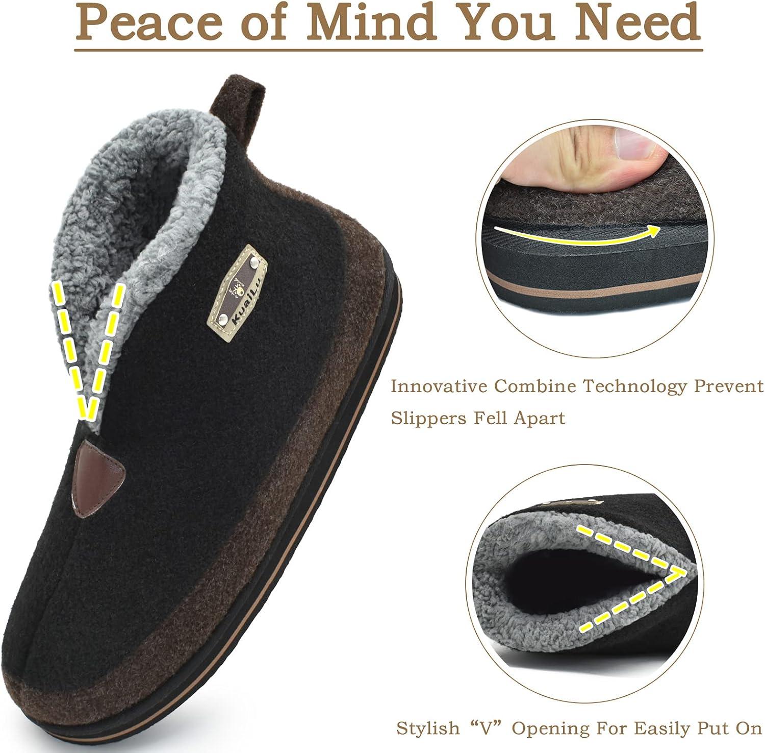 imageKuaiLu Mens House Slippers Booties Cozy Memory Foam Orthopedic Arch Support Boots Warm Fleece Plush Lining Winter Felt Wool Home Bedroom Slipper Socks Indoor Outdoor NonSlip Shoes Black Size 85