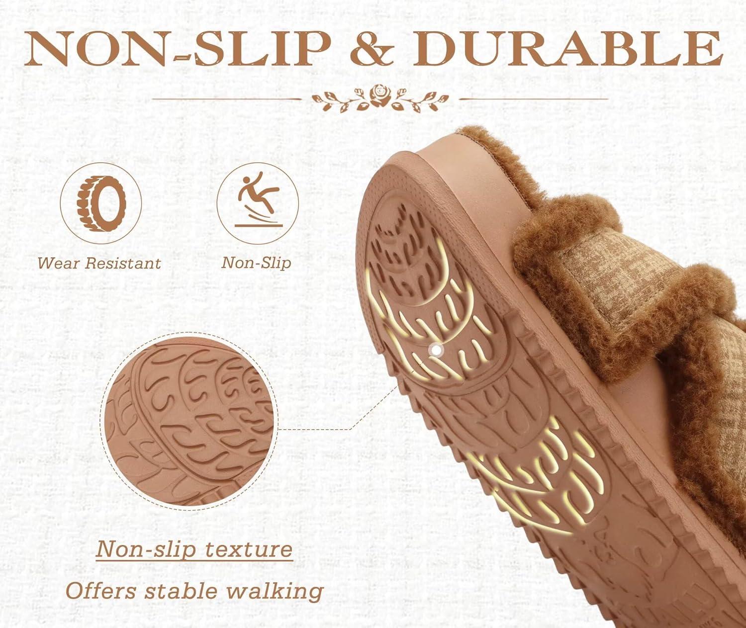 imageKuaiLu Womens Chic Furry Platform Slippers Fuzzy Teddy Fleece Cross Band Open Toe Sandals with Comfortable Arch Support Slip on House Shoes Indoor OutdoorKhaki