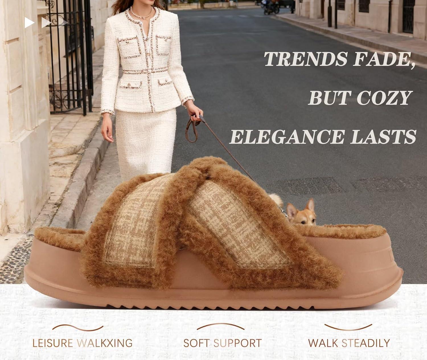 imageKuaiLu Womens Chic Furry Platform Slippers Fuzzy Teddy Fleece Cross Band Open Toe Sandals with Comfortable Arch Support Slip on House Shoes Indoor OutdoorKhaki