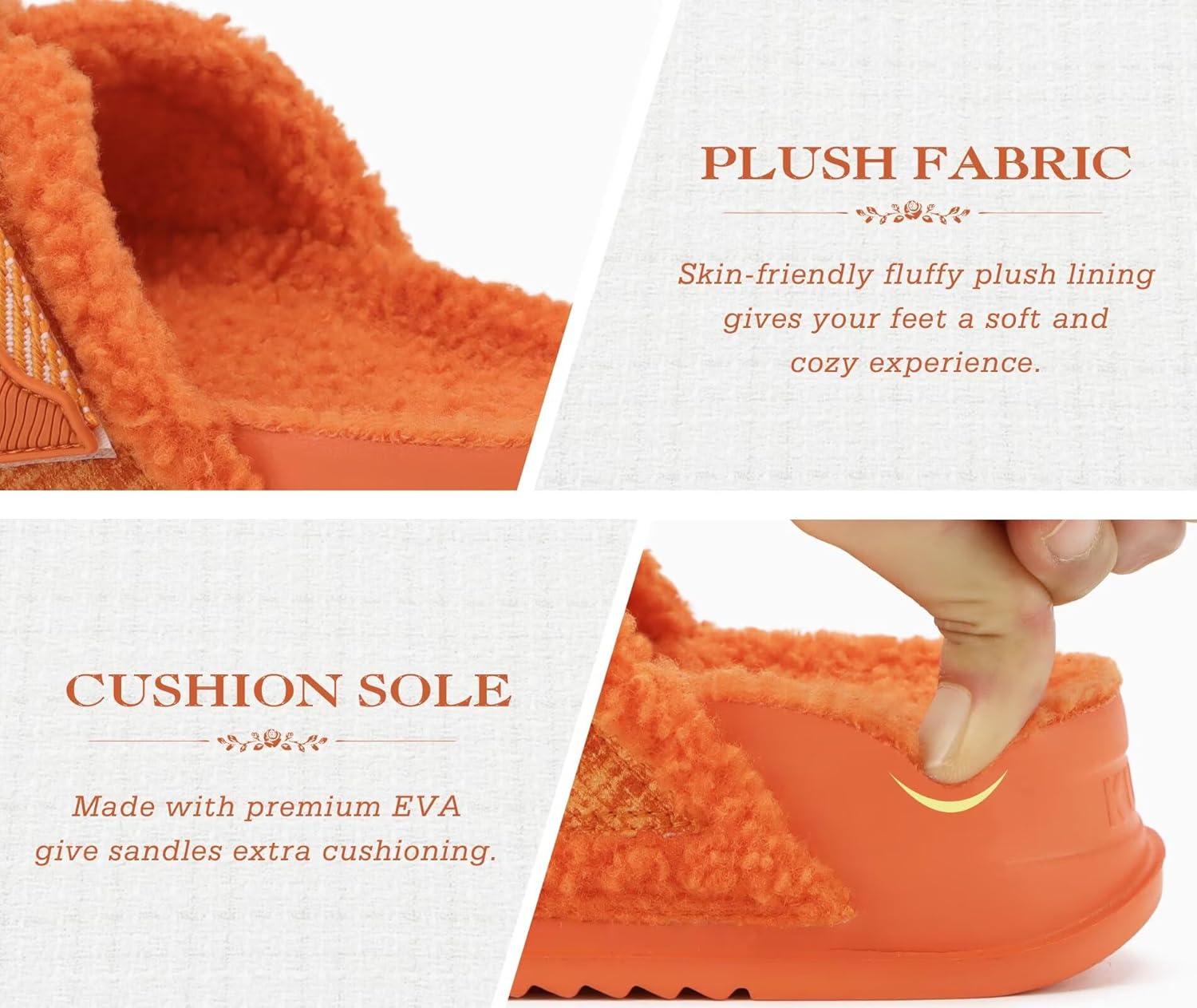 imageKuaiLu Womens Chic Furry Platform Slippers Fuzzy Teddy Fleece Cross Band Open Toe Sandals with Comfortable Arch Support Slip on House Shoes Indoor OutdoorVibrant Orange