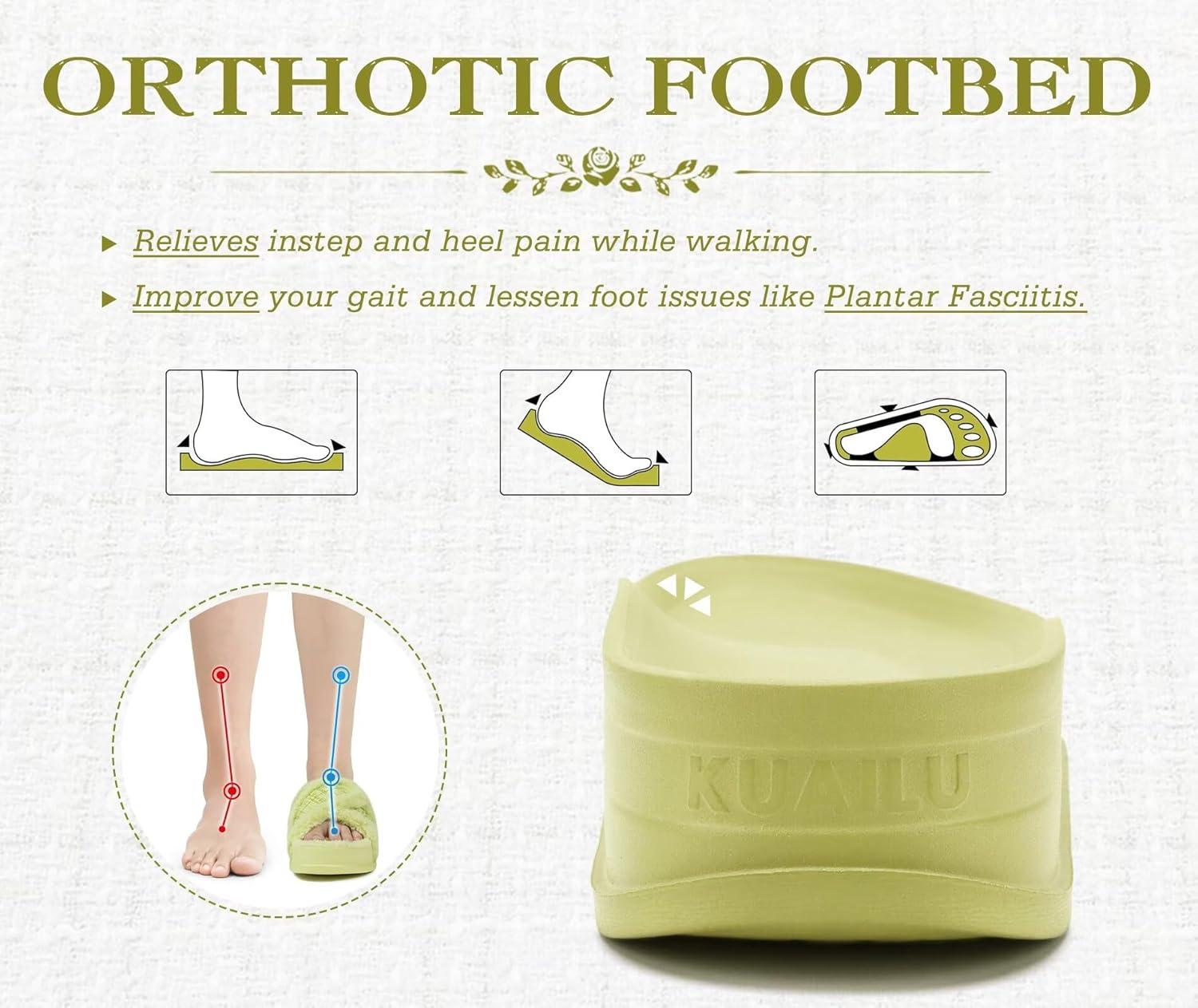 imageKuaiLu Womens Chic Furry Platform Slippers Fuzzy Teddy Fleece Cross Band Open Toe Sandals with Comfortable Arch Support Slip on House Shoes Indoor OutdoorNeon Green