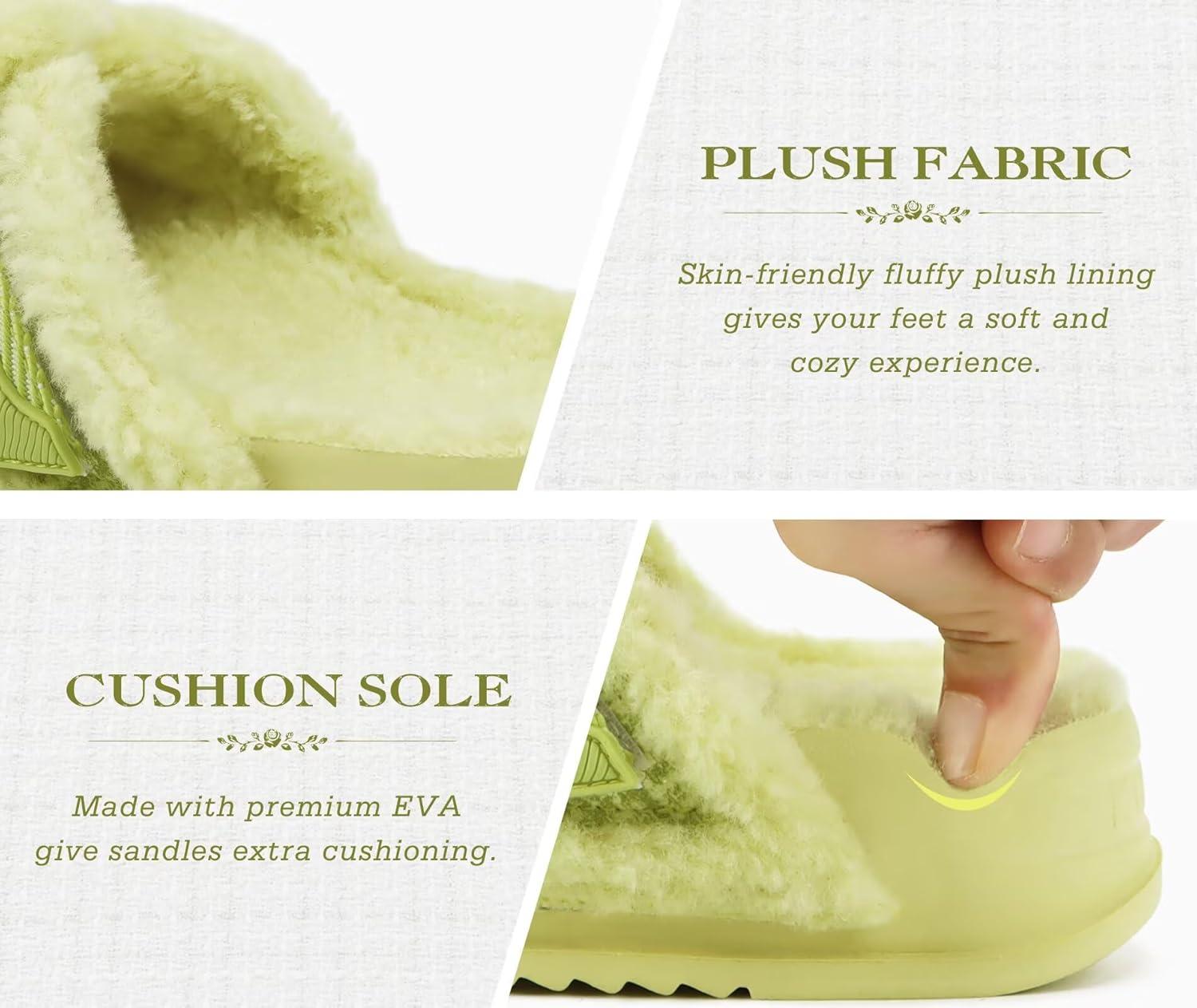 imageKuaiLu Womens Chic Furry Platform Slippers Fuzzy Teddy Fleece Cross Band Open Toe Sandals with Comfortable Arch Support Slip on House Shoes Indoor OutdoorNeon Green