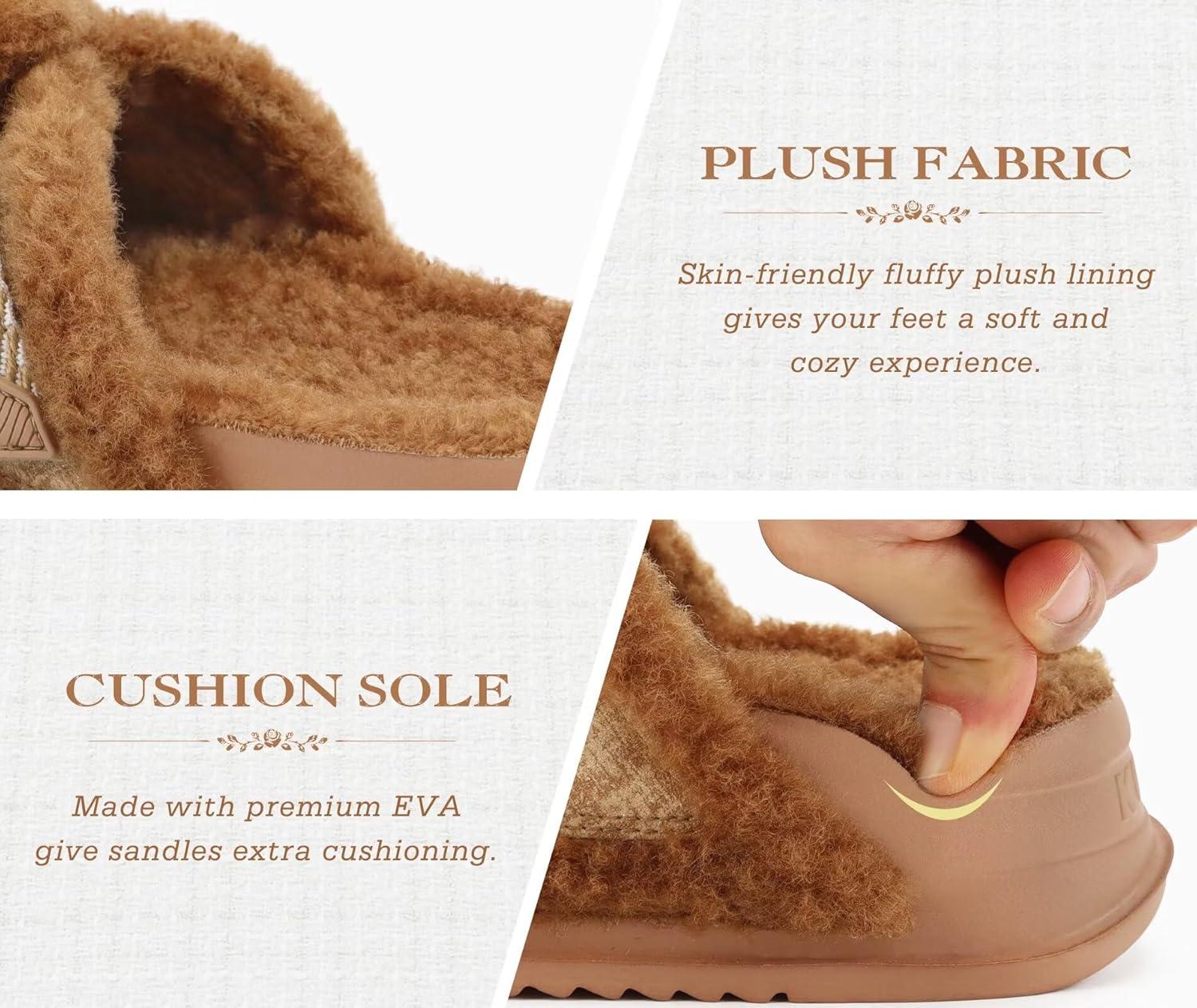 imageKuaiLu Womens Chic Furry Platform Slippers Fuzzy Teddy Fleece Cross Band Open Toe Sandals with Comfortable Arch Support Slip on House Shoes Indoor OutdoorKhaki