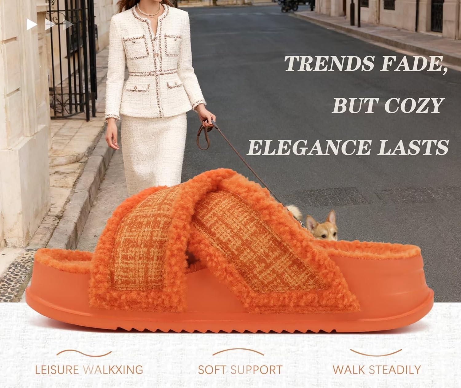 imageKuaiLu Womens Chic Furry Platform Slippers Fuzzy Teddy Fleece Cross Band Open Toe Sandals with Comfortable Arch Support Slip on House Shoes Indoor OutdoorVibrant Orange