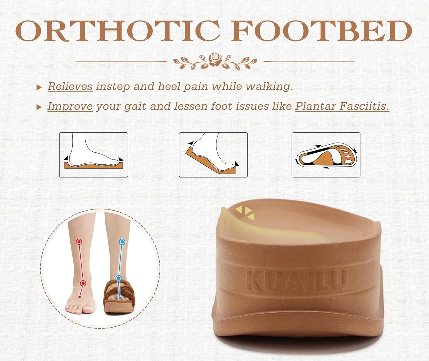 imageKuaiLu Womens Chic Furry Platform Slippers Fuzzy Teddy Fleece Cross Band Open Toe Sandals with Comfortable Arch Support Slip on House Shoes Indoor OutdoorKhaki