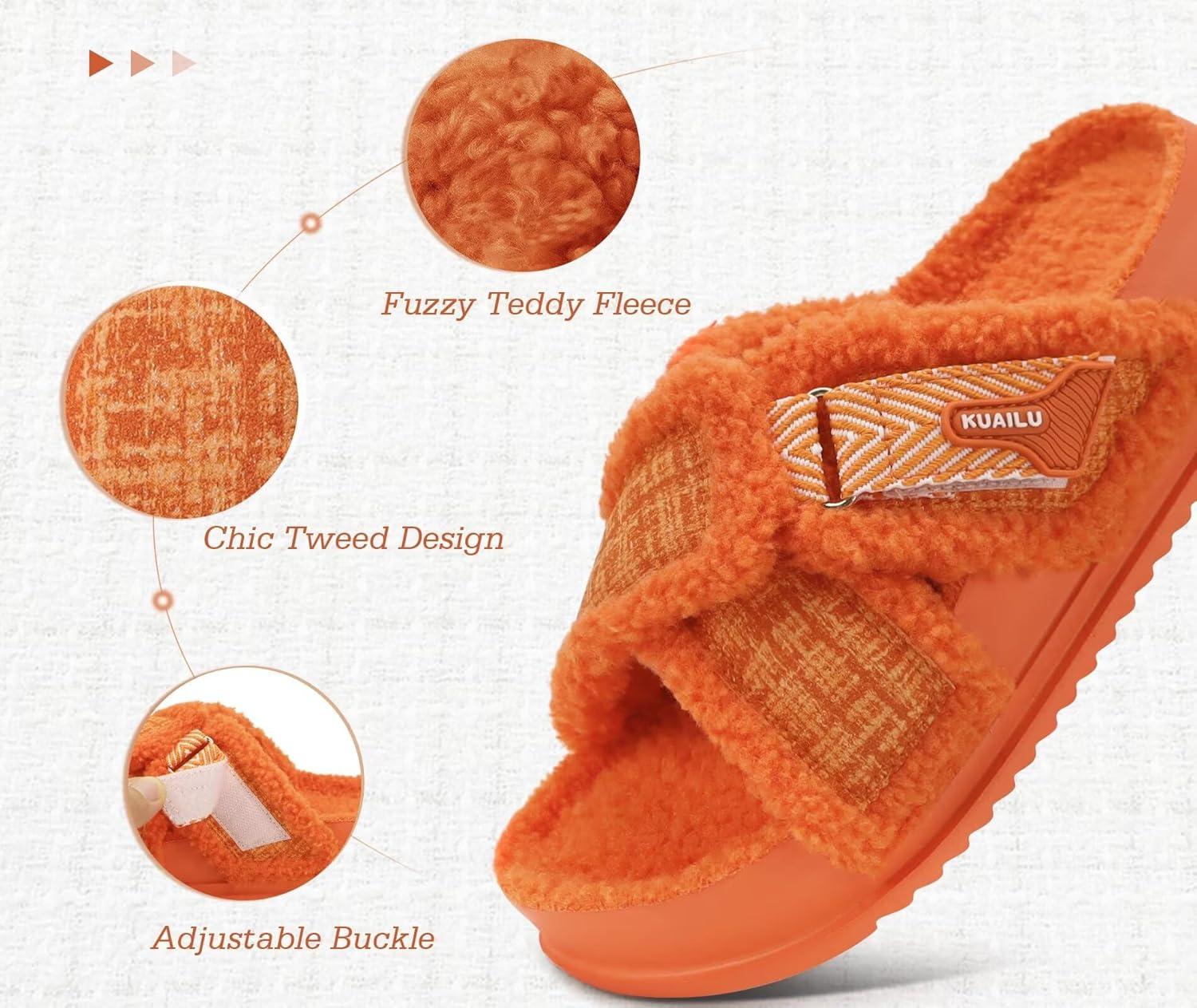 imageKuaiLu Womens Chic Furry Platform Slippers Fuzzy Teddy Fleece Cross Band Open Toe Sandals with Comfortable Arch Support Slip on House Shoes Indoor OutdoorVibrant Orange