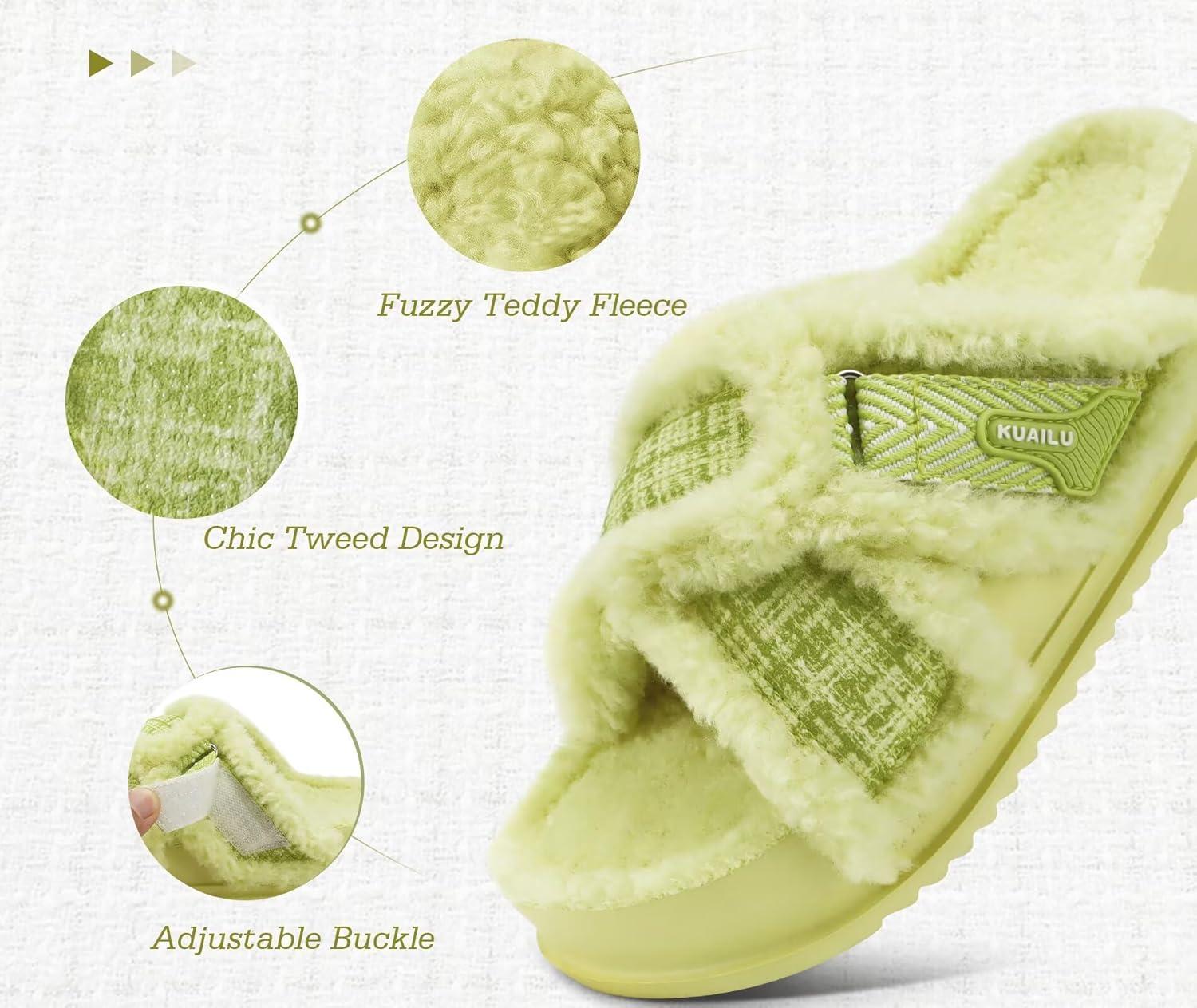 imageKuaiLu Womens Chic Furry Platform Slippers Fuzzy Teddy Fleece Cross Band Open Toe Sandals with Comfortable Arch Support Slip on House Shoes Indoor OutdoorNeon Green