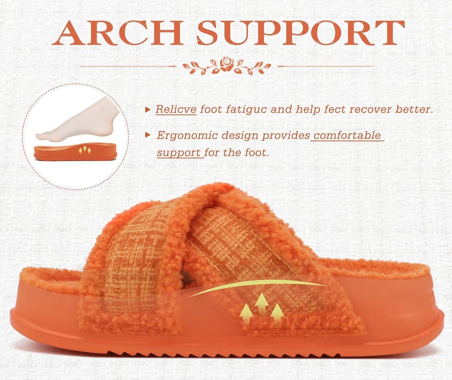 imageKuaiLu Womens Chic Furry Platform Slippers Fuzzy Teddy Fleece Cross Band Open Toe Sandals with Comfortable Arch Support Slip on House Shoes Indoor OutdoorVibrant Orange