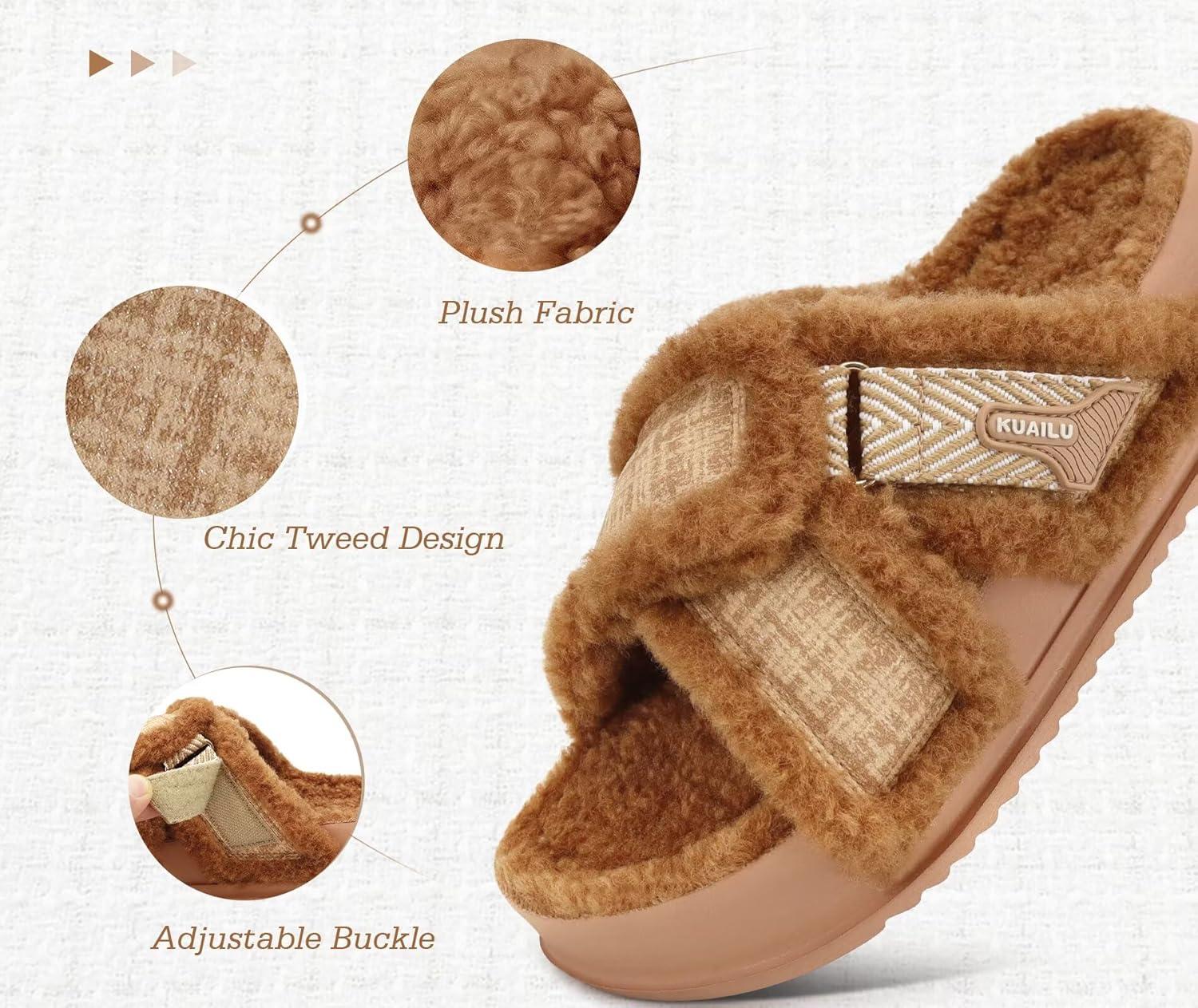 imageKuaiLu Womens Chic Furry Platform Slippers Fuzzy Teddy Fleece Cross Band Open Toe Sandals with Comfortable Arch Support Slip on House Shoes Indoor OutdoorKhaki
