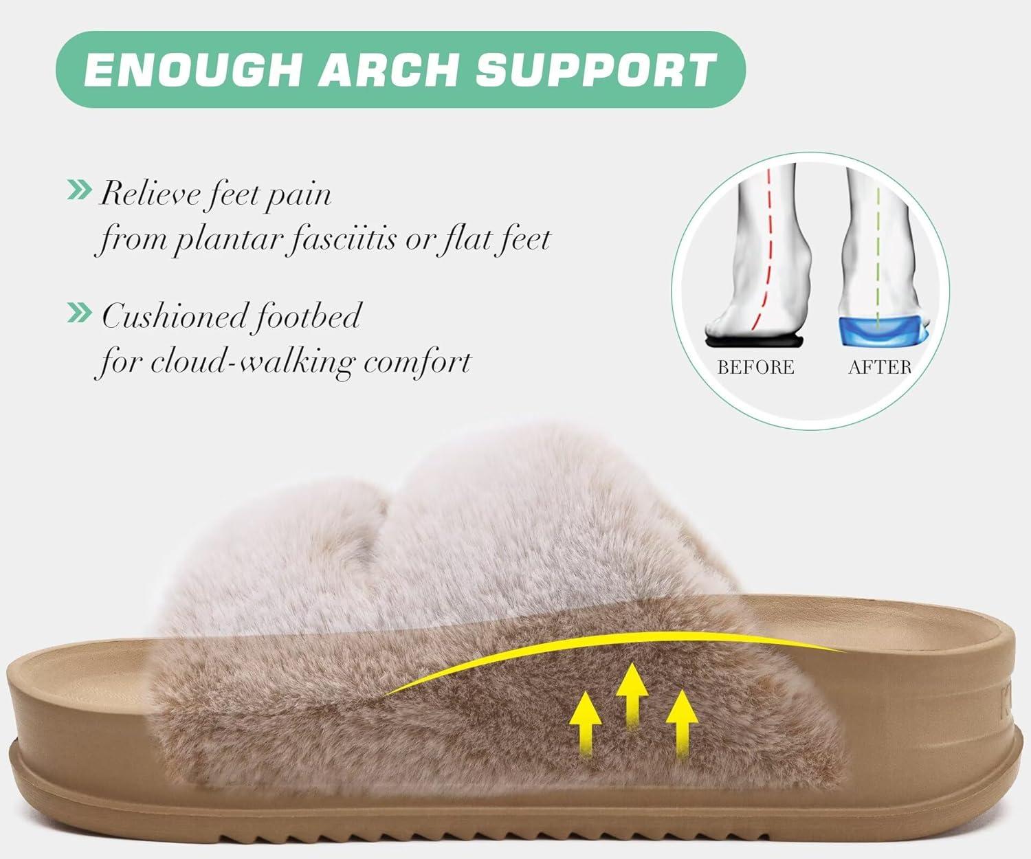 imageKuaiLu Womens Fluff Slippers Plantar Fasciitis Arch Support Platform Slippers Ladies Fashion Open Toe Faux Fur Sliders House Slipper Camel Brown Size 6