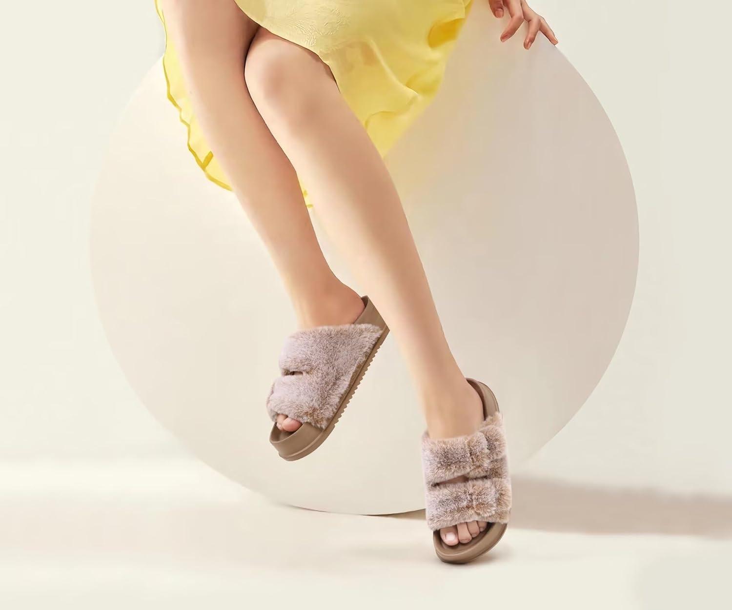 imageKuaiLu Womens Fluff Slippers Plantar Fasciitis Arch Support Platform Slippers Ladies Fashion Open Toe Faux Fur Sliders House Slipper Camel Brown Size 6