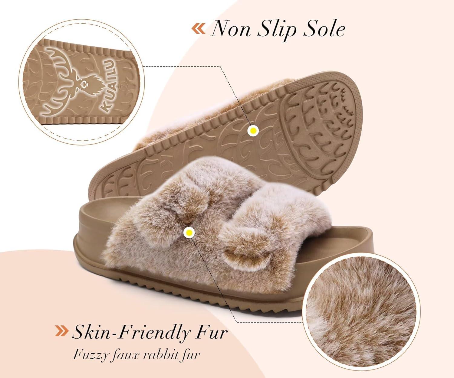imageKuaiLu Womens Fluff Slippers Plantar Fasciitis Arch Support Platform Slippers Ladies Fashion Open Toe Faux Fur Sliders House Slipper Camel Brown Size 6