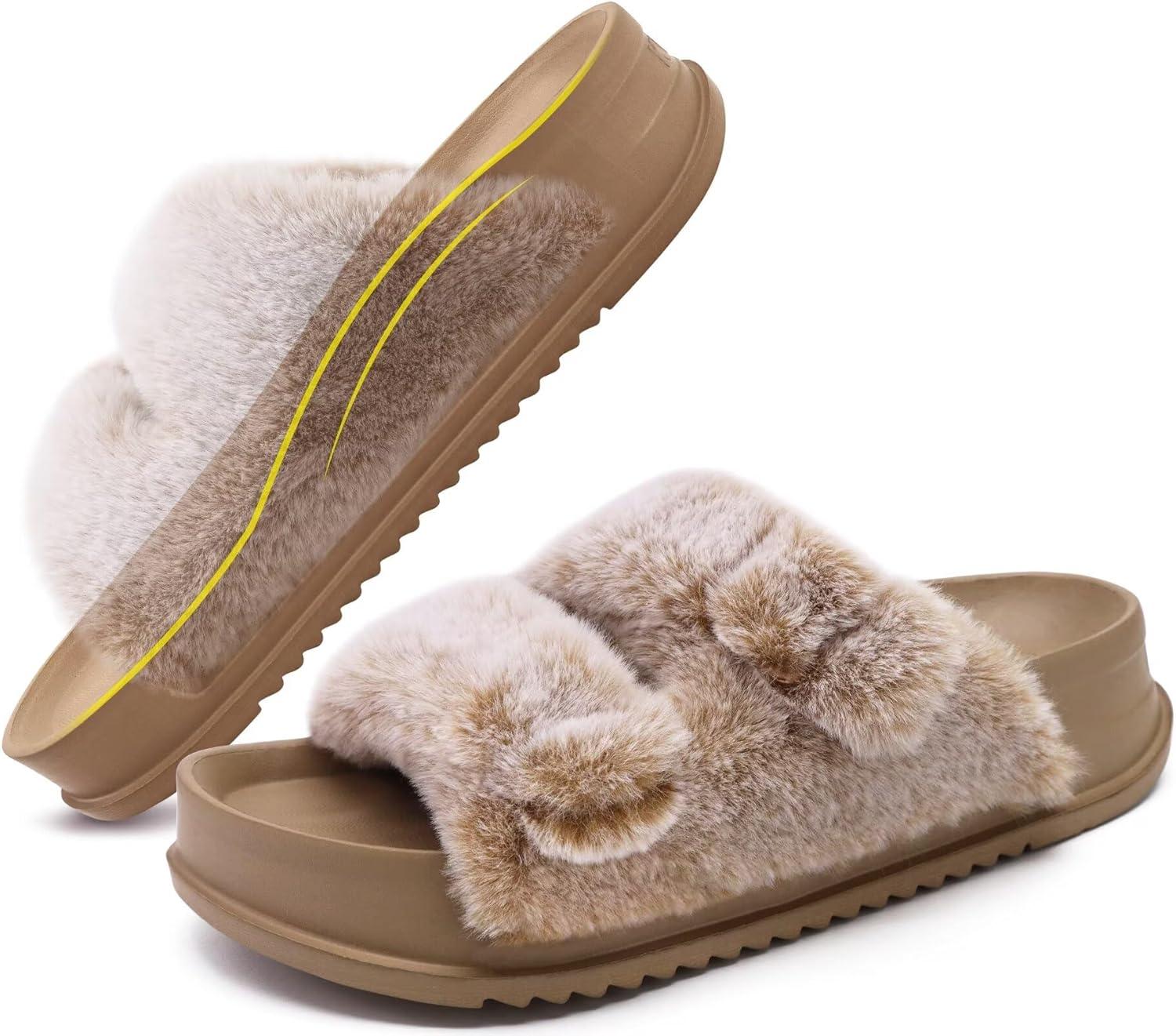 imageKuaiLu Womens Fluff Slippers Plantar Fasciitis Arch Support Platform Slippers Ladies Fashion Open Toe Faux Fur Sliders House Slipper Camel Brown Size 6