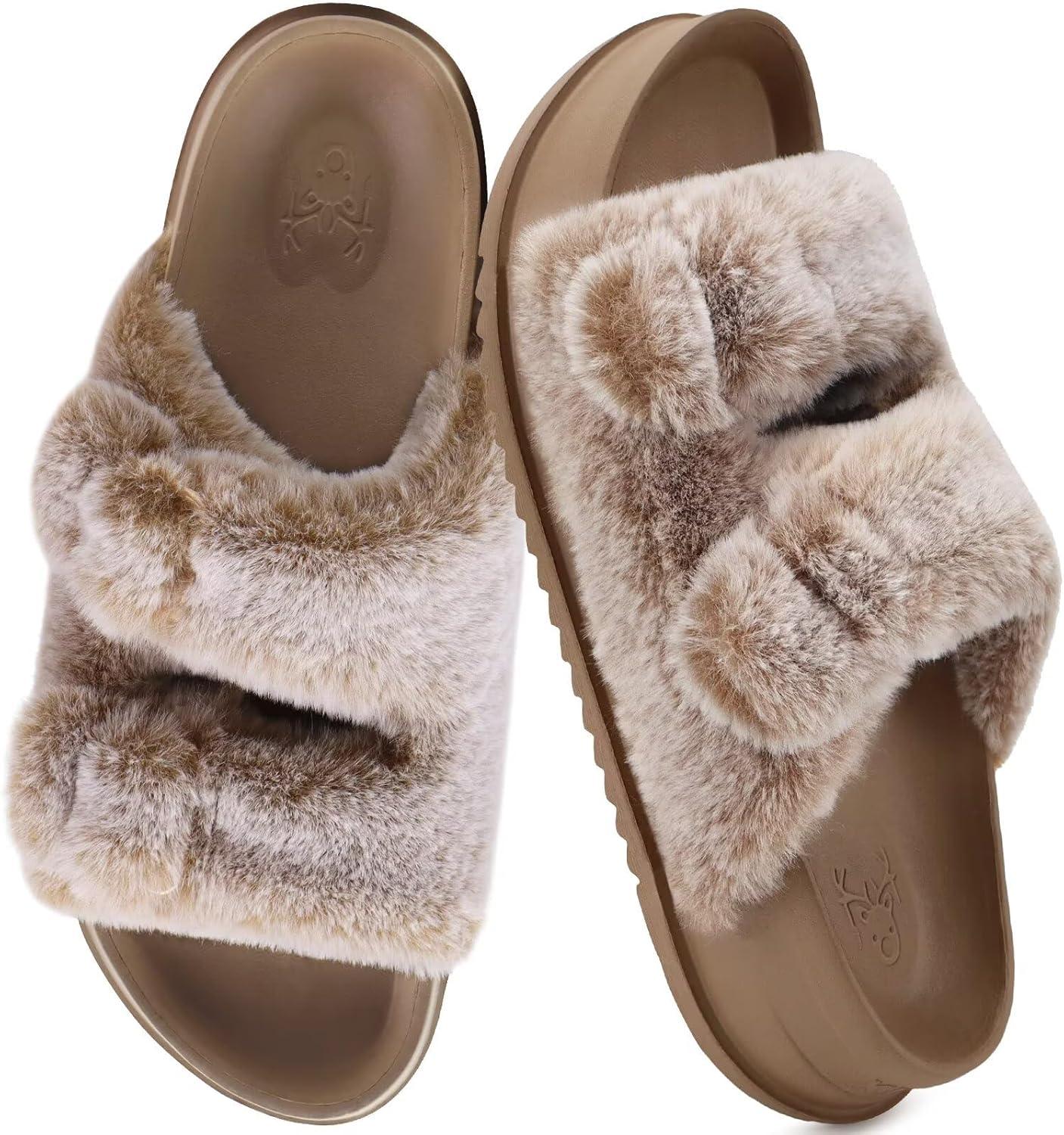 imageKuaiLu Womens Fluff Slippers Plantar Fasciitis Arch Support Platform Slippers Ladies Fashion Open Toe Faux Fur Sliders House Slipper Camel Brown Size 6