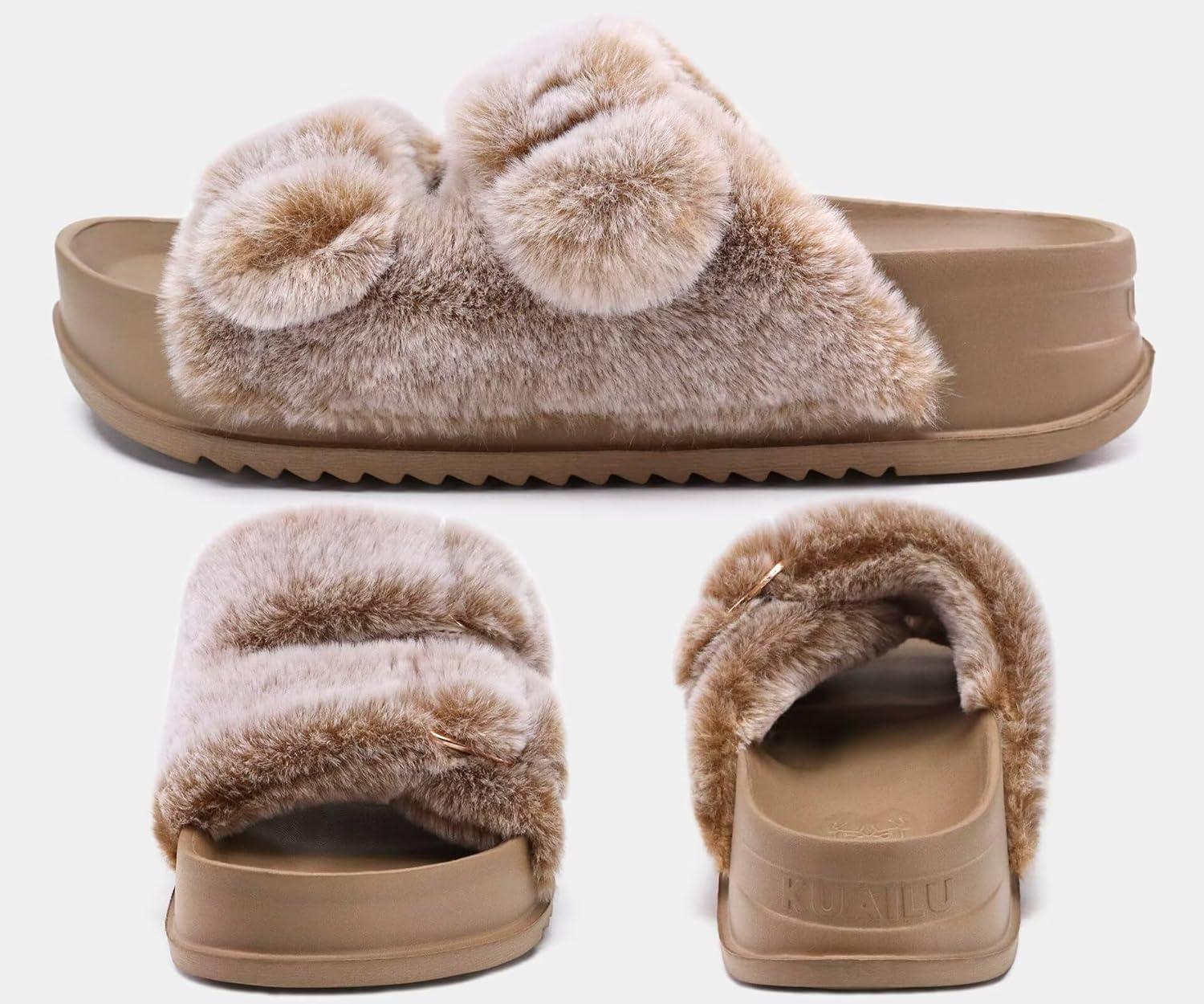 imageKuaiLu Womens Fluff Slippers Plantar Fasciitis Arch Support Platform Slippers Ladies Fashion Open Toe Faux Fur Sliders House Slipper Camel Brown Size 6