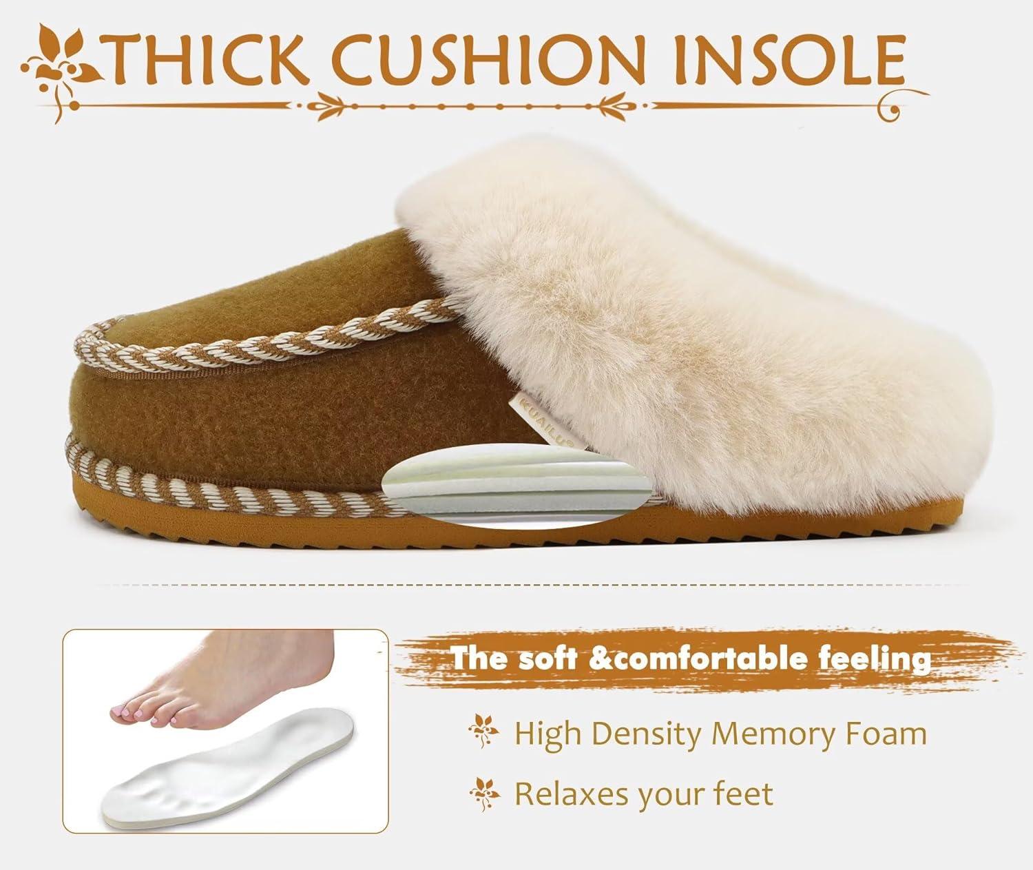 imageKuaiLu Womens Memory Foam Slippers with Cozy Fluff Plush Ladies Bedroom Pantuflas Comfy House Winter Moccasin Essential Trendy Slippers Comfortable Indoor Outdoor Rubber Sole Khaki Size 8