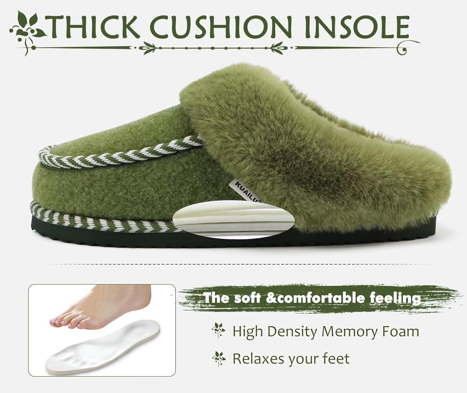 imageKuaiLu Womens Memory Foam Slippers with Cozy Fluff Plush Ladies Bedroom Pantuflas Comfy House Winter Moccasin Essential Trendy Slippers Comfortable Indoor Outdoor Rubber Sole Green Size 8