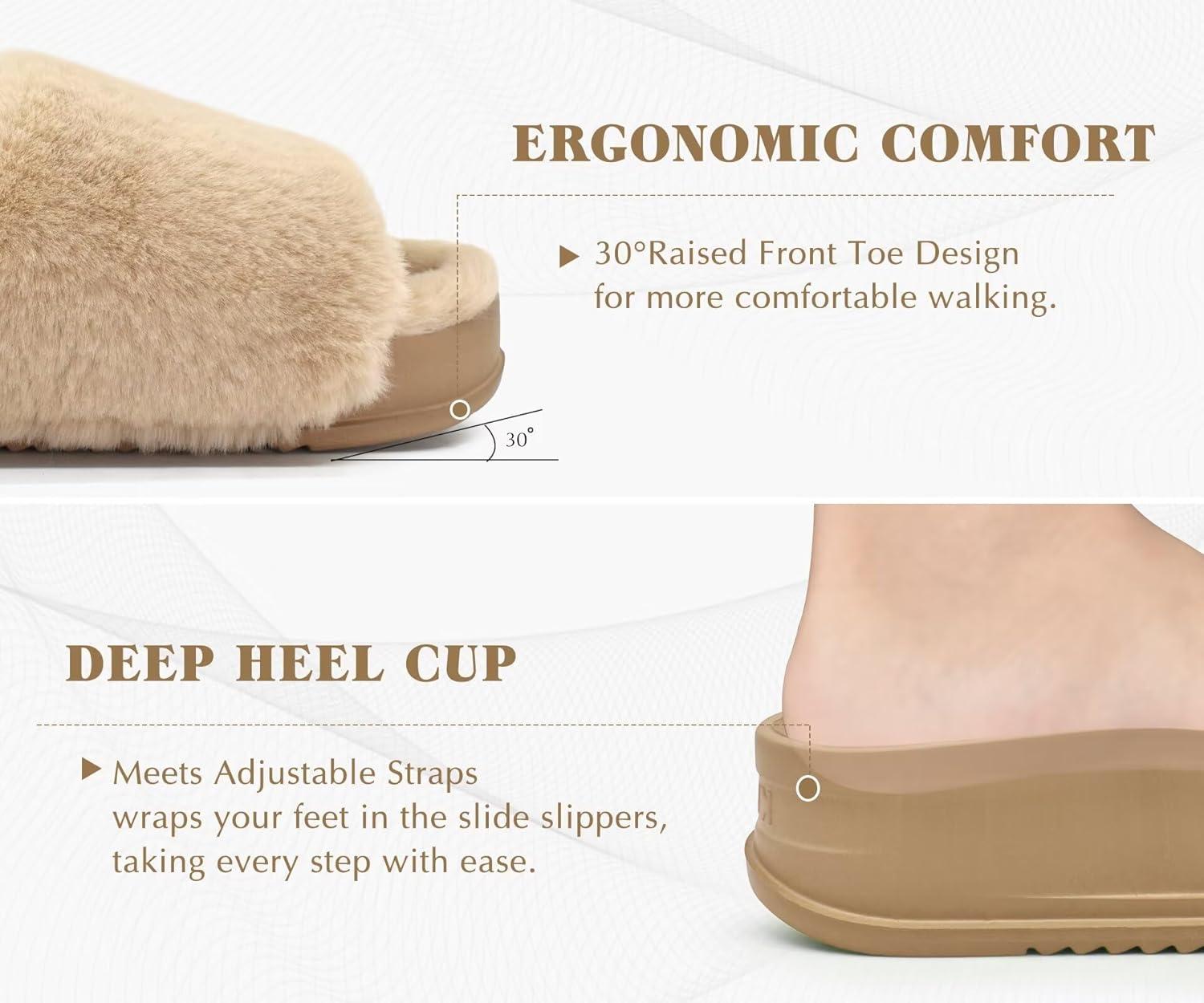 imageKuaiLu Womens Orthotic Slippers With Arch Support Soft Cushion Sandal Slippers for Woman Ladies Fashion Open Toe Faux Fur Platform Slipper Indoor Outdoor 612Plush Beige