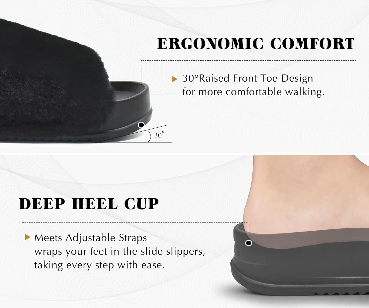 imageKuaiLu Womens Orthotic Slippers With Arch Support Soft Cushion Sandal Slippers for Woman Ladies Fashion Open Toe Faux Fur Platform Slipper Indoor Outdoor 612Black