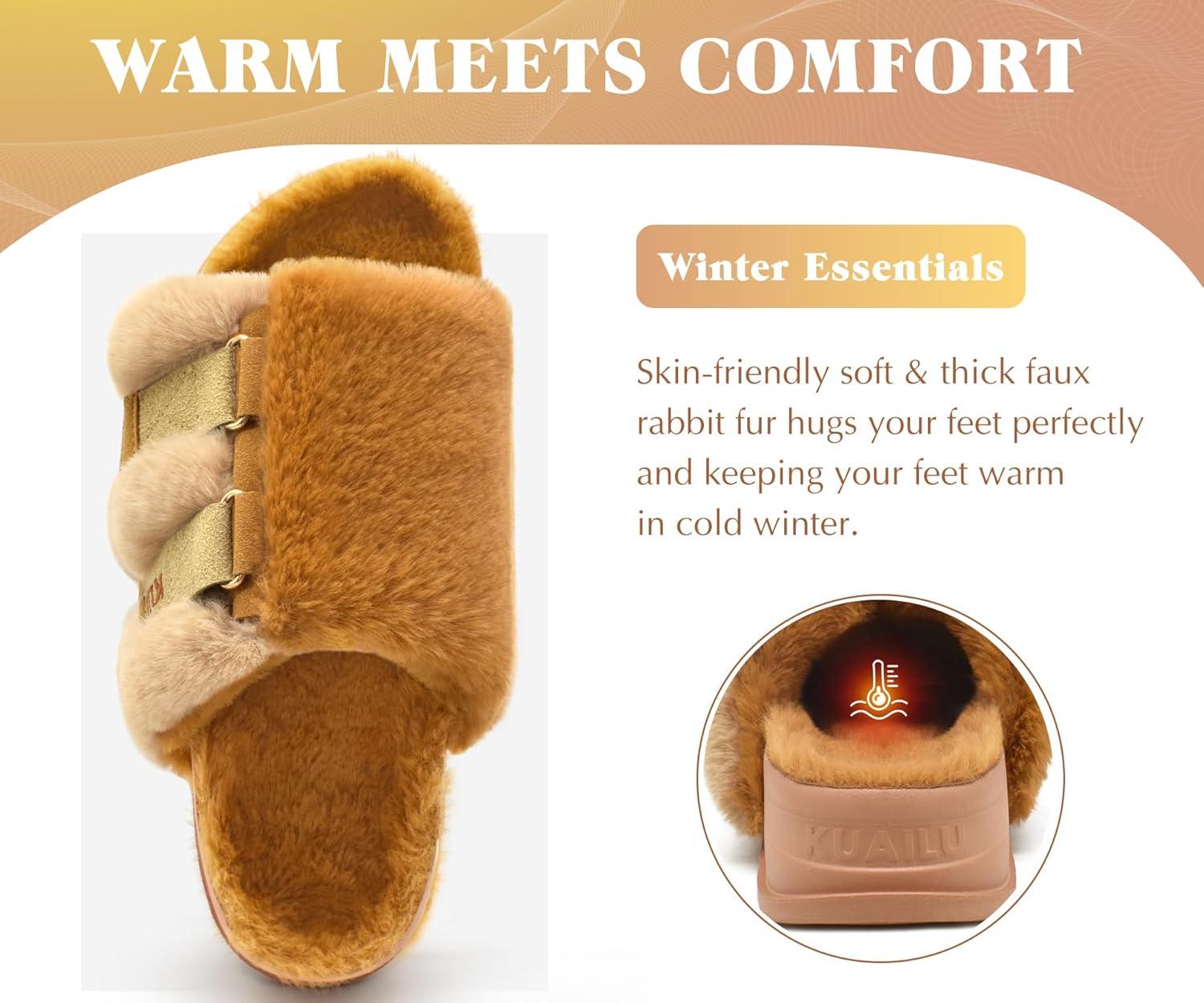 imageKuaiLu Womens Orthotic Slippers With Arch Support Soft Cushion Sandal Slippers for Woman Ladies Fashion Open Toe Faux Fur Platform Slipper Indoor Outdoor 612Plush Khaki