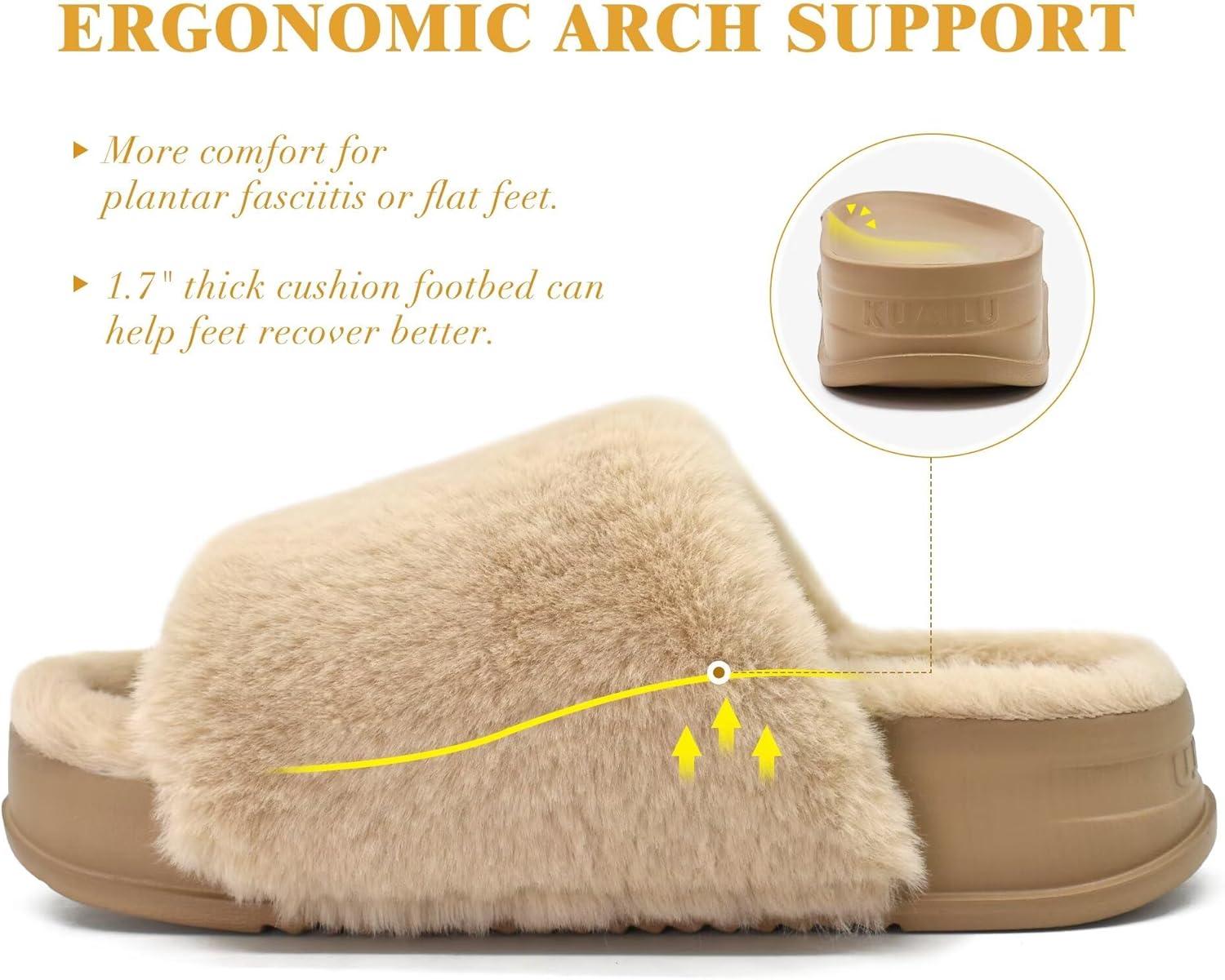 imageKuaiLu Womens Orthotic Slippers With Arch Support Soft Cushion Sandal Slippers for Woman Ladies Fashion Open Toe Faux Fur Platform Slipper Indoor Outdoor 612Plush Beige